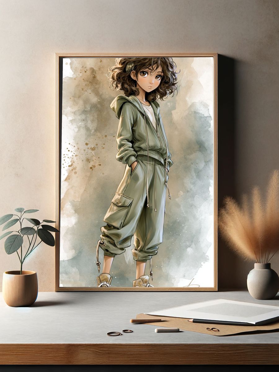 Curly-Haired Anime Girl Print. — room view 2