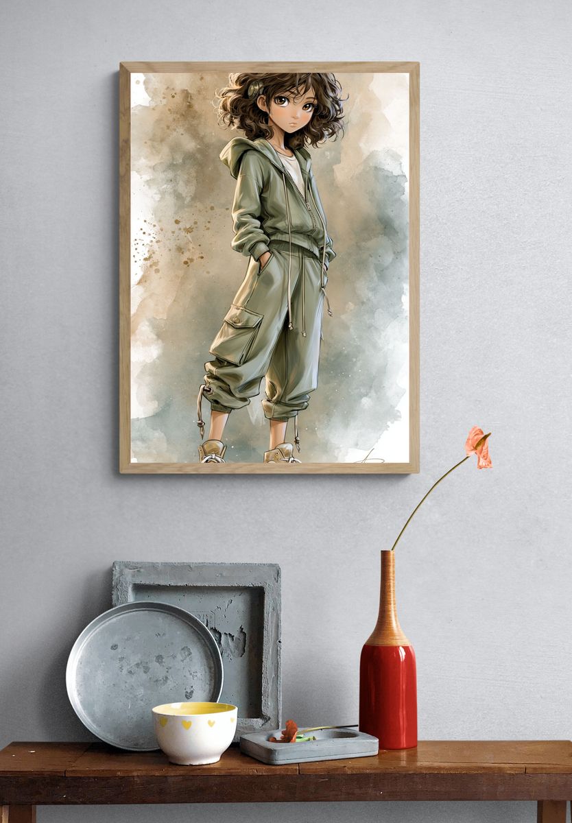 Curly-Haired Anime Girl Print. — room view 3