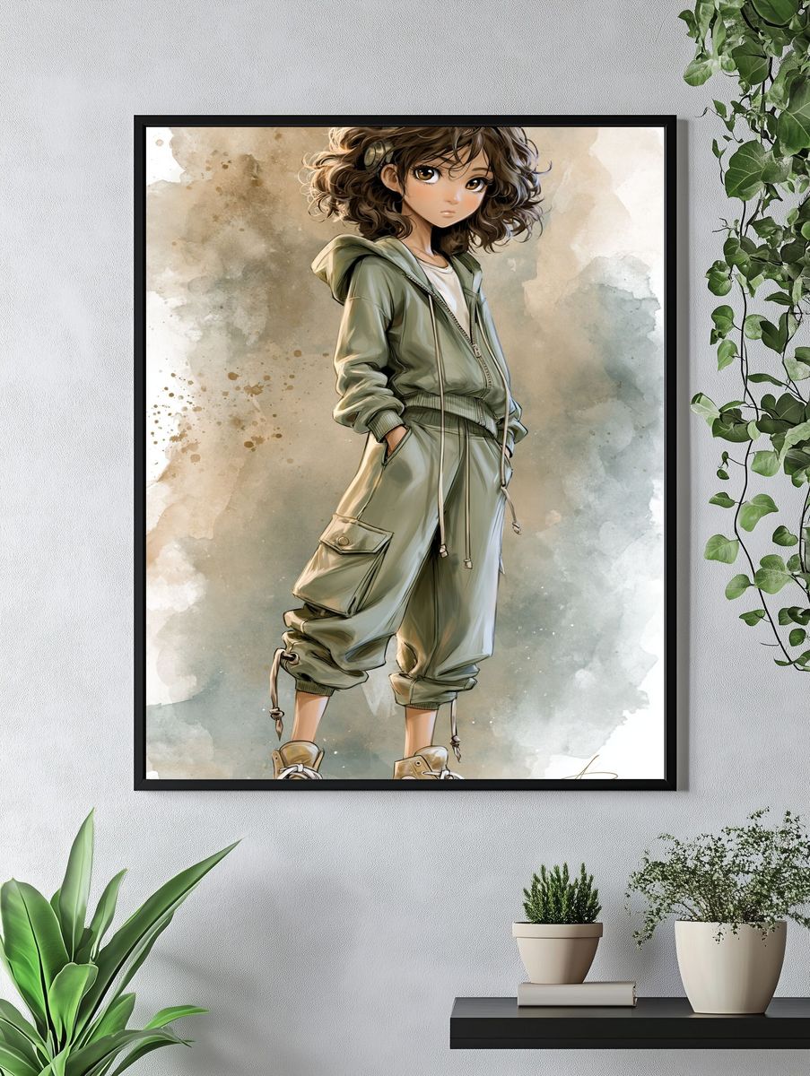 Curly-Haired Anime Girl Print. — room view 4