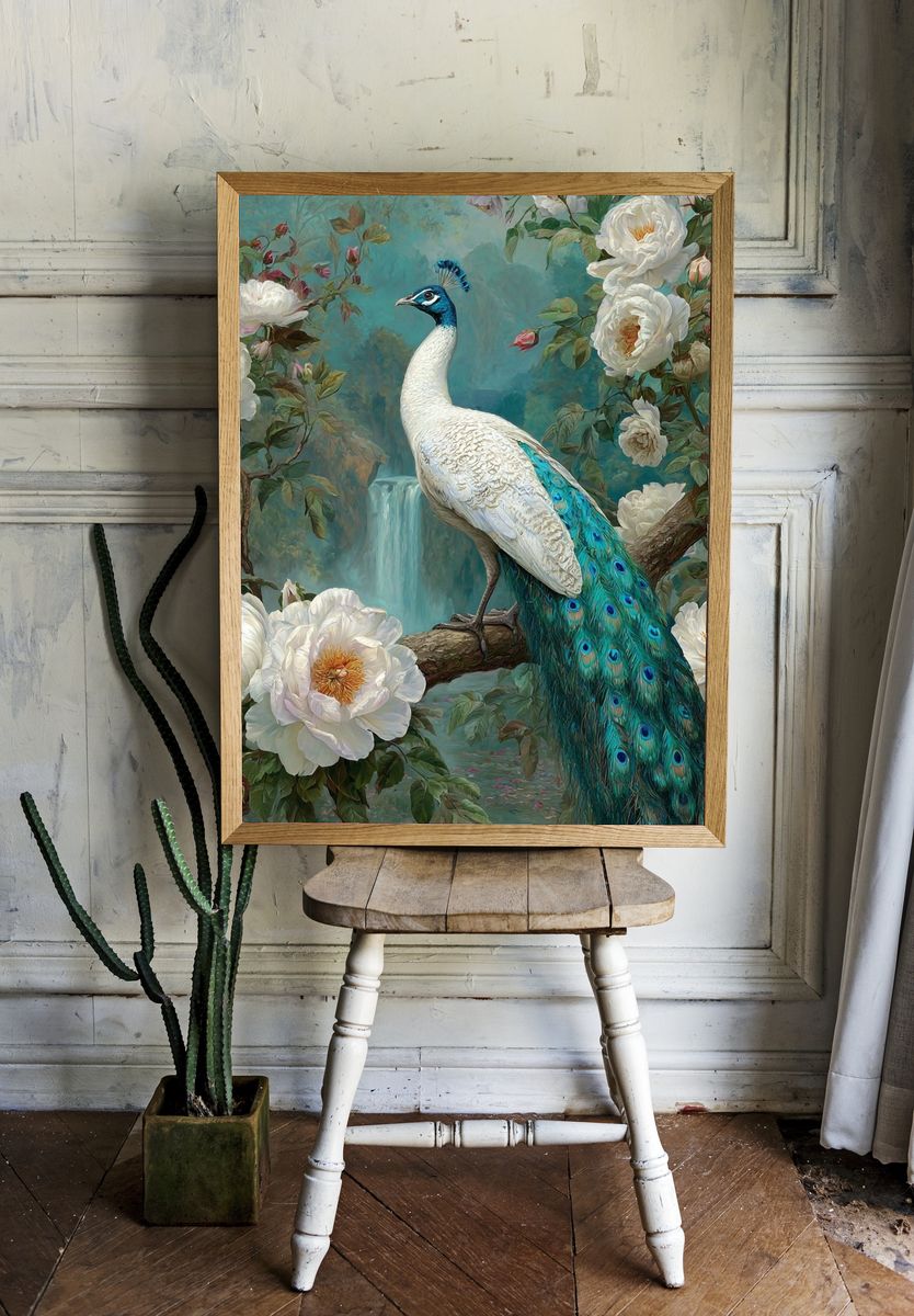 Peacock in Bloom Illustration Poster. room preview