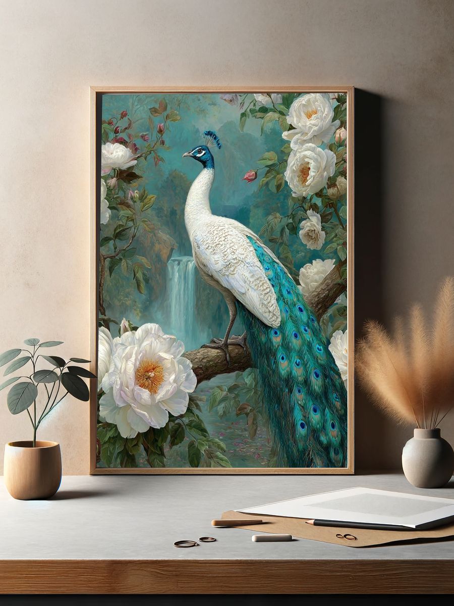 Peacock in Bloom Illustration Poster. — room view 2