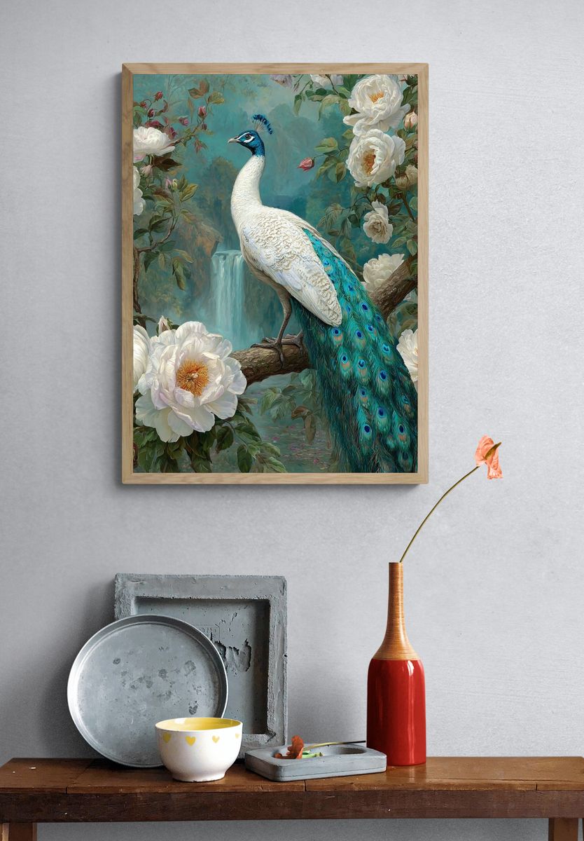 Peacock in Bloom Illustration Poster. — room view 3