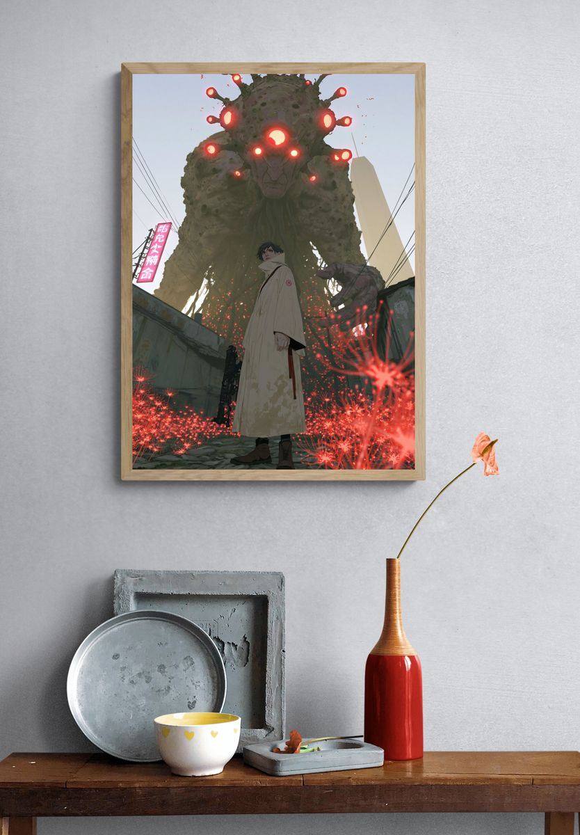 Kaiju Street Encounter Illustration Poster. — room view 3