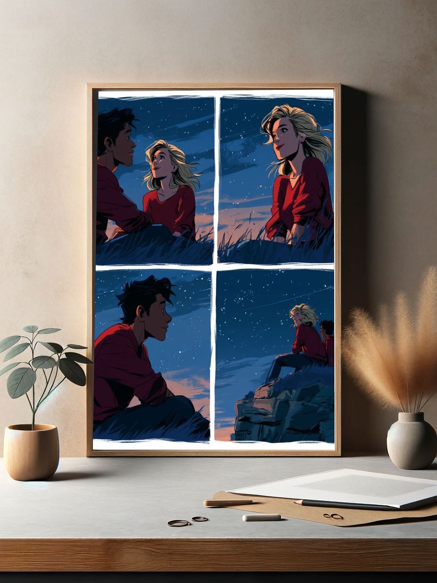 Starry Couple Nightscape Illustration Poster. — room view 2