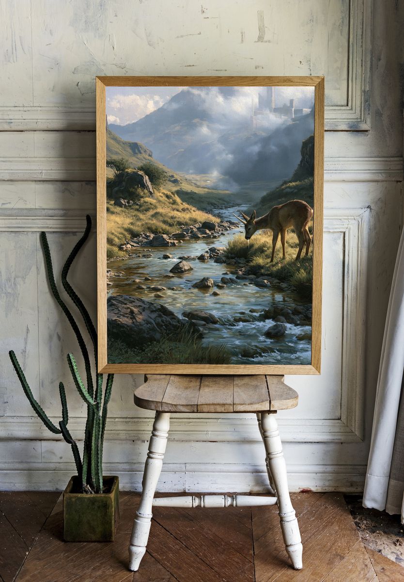 Deer by Mountain Stream Poster. — room view 1