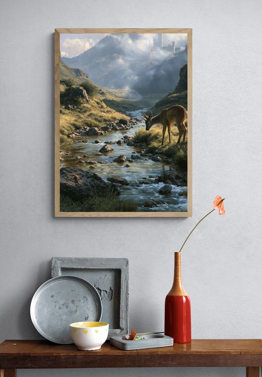 Deer by Mountain Stream Poster. — room view 3
