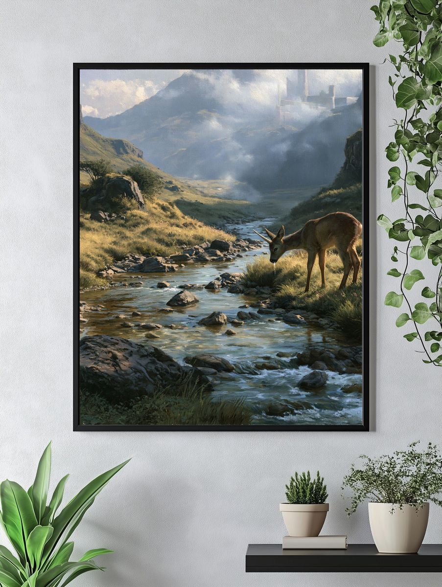 Deer by Mountain Stream Poster. — room view 4