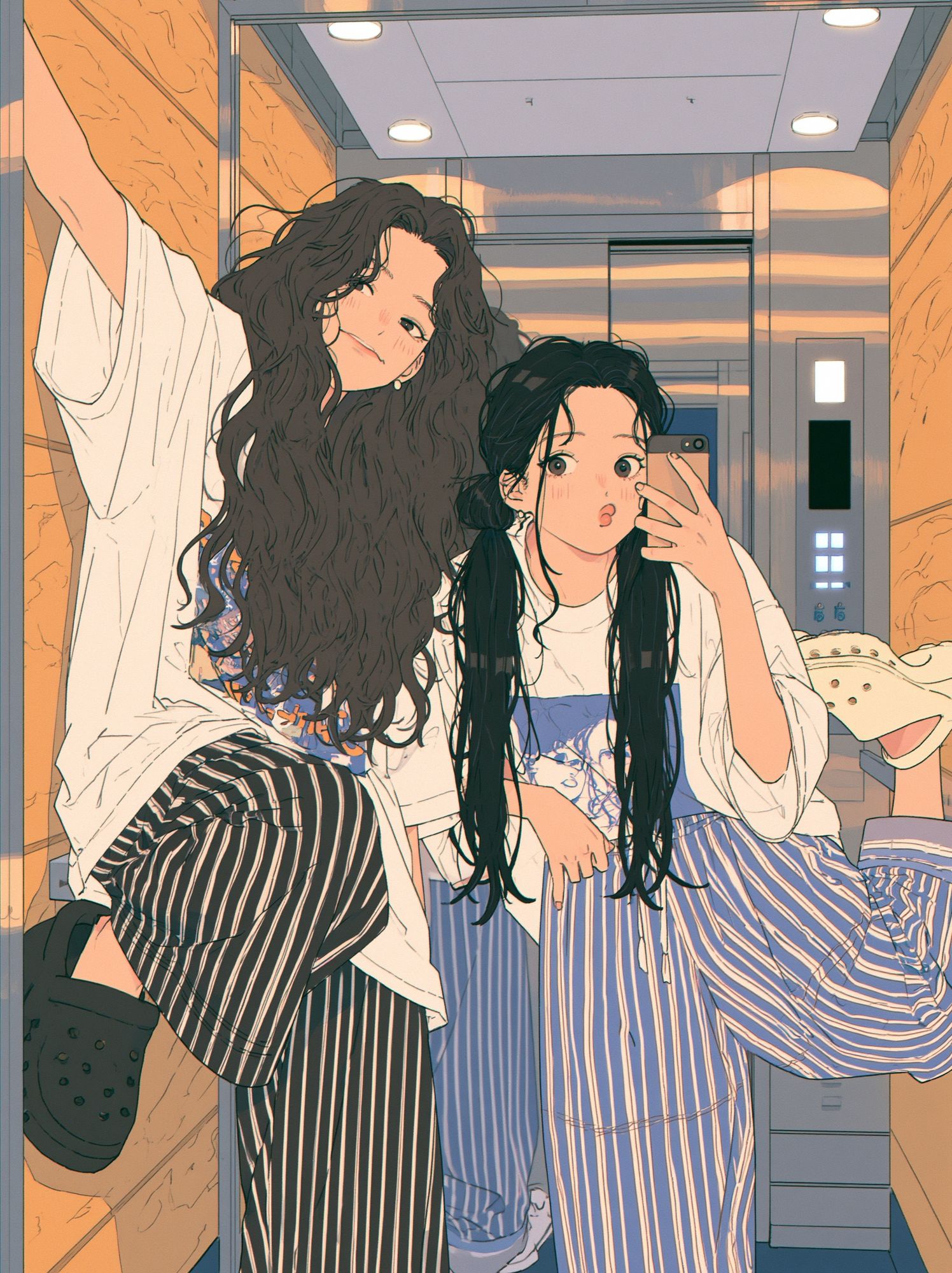 Elevator Selfie Girls Illustration Poster. poster — anime art
