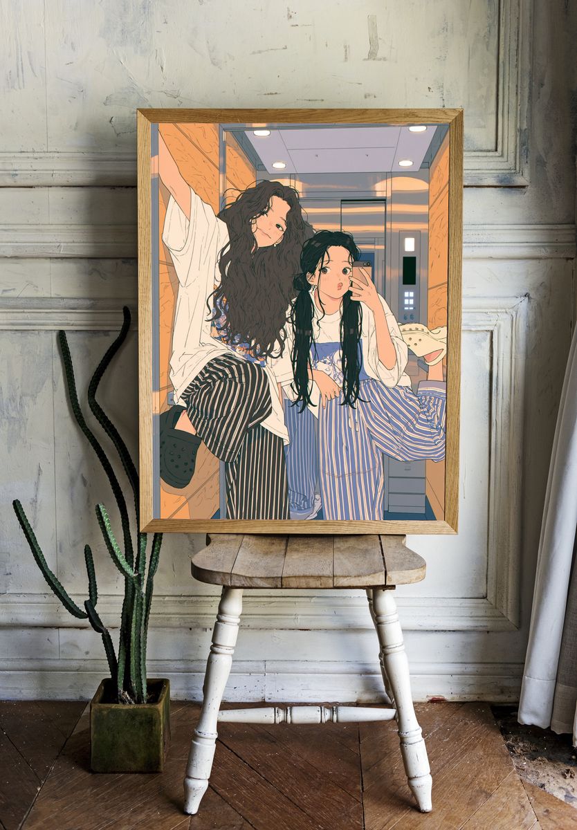 Elevator Selfie Girls Illustration Poster. — room view 1