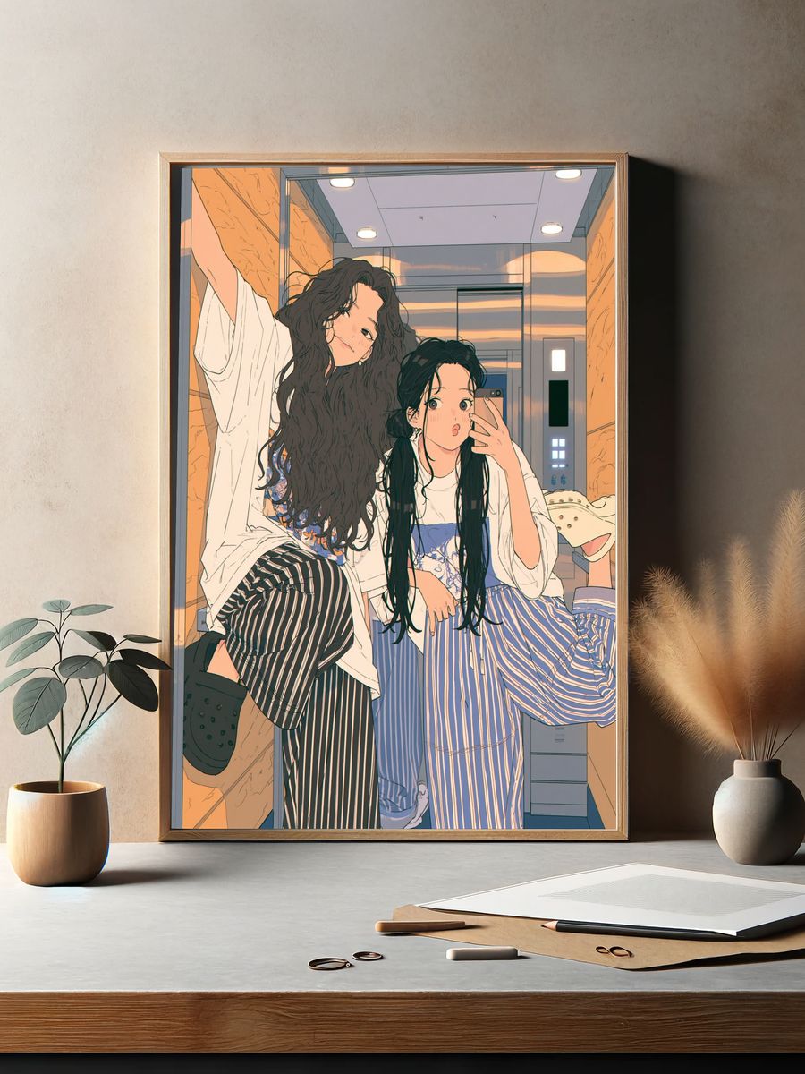 Elevator Selfie Girls Illustration Poster. — room view 2