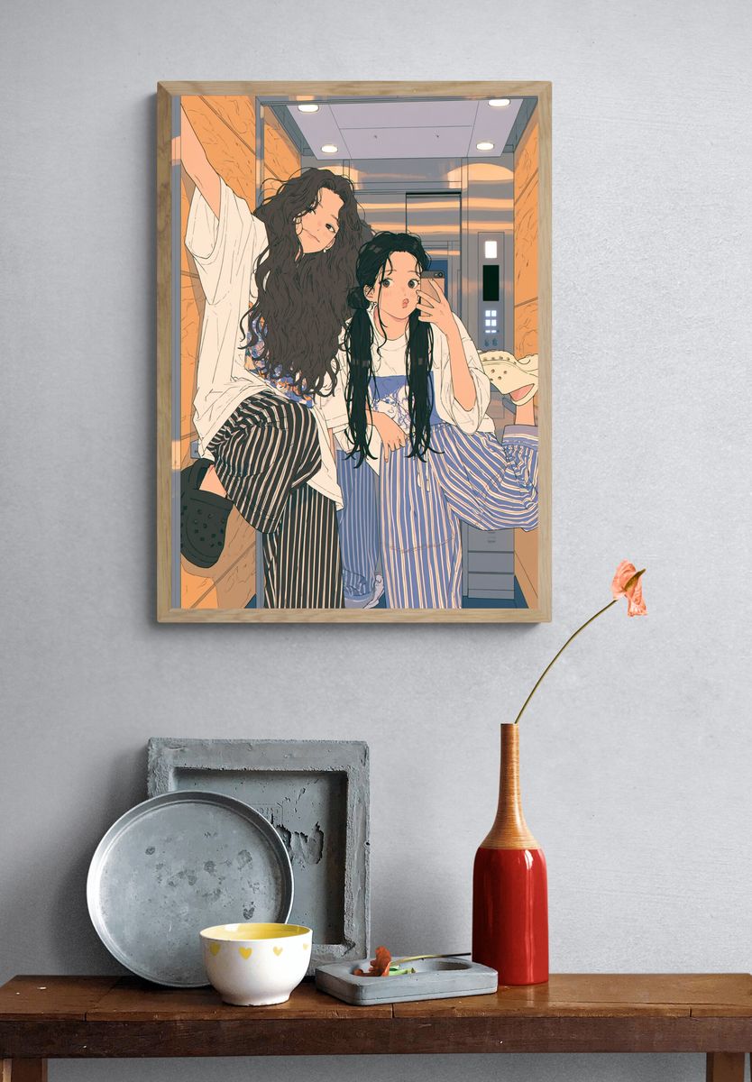 Elevator Selfie Girls Illustration Poster. — room view 3
