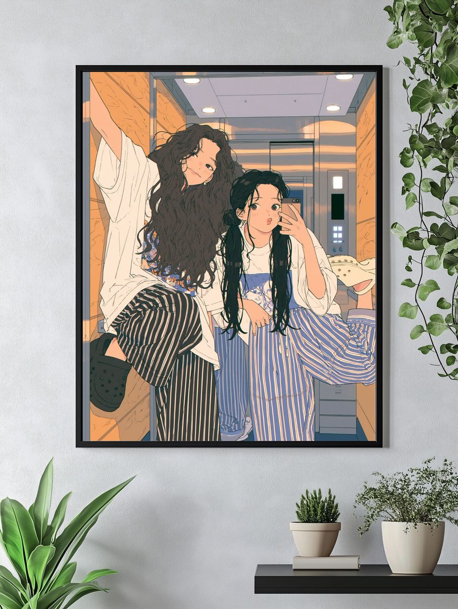 Elevator Selfie Girls Illustration Poster. — room view 4