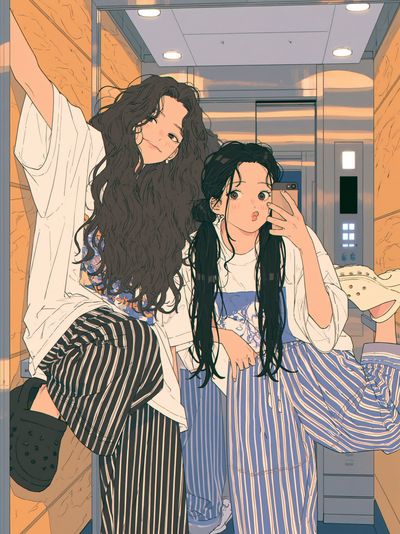 Elevator Selfie Girls Illustration Poster.