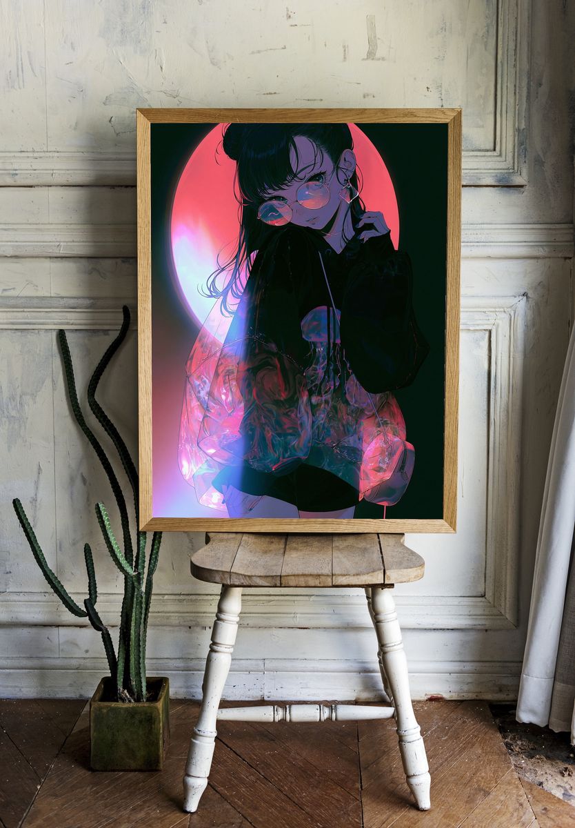 Neon Anime Girl Portrait Poster. room preview