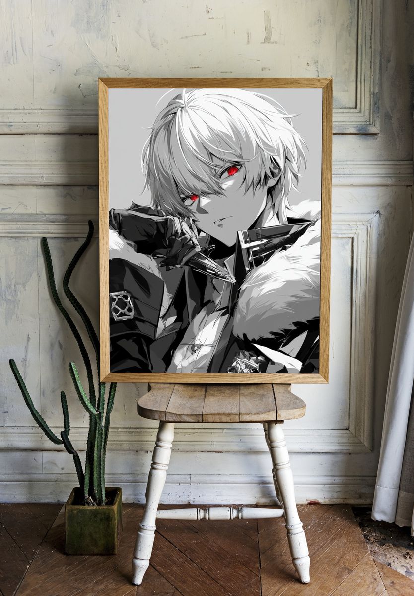 White-Haired Anime Portrait Print. room preview