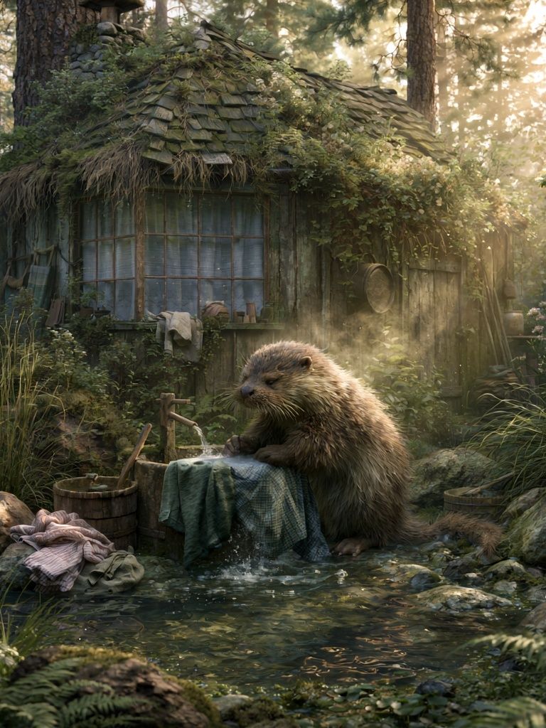 Forest Otter Cottage Illustration Poster. poster — animals art