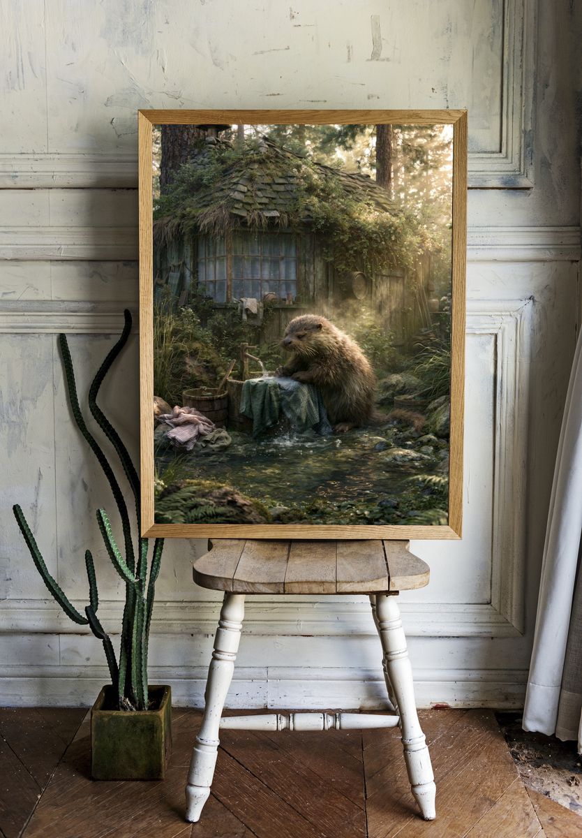 Forest Otter Cottage Illustration Poster. — room view 1