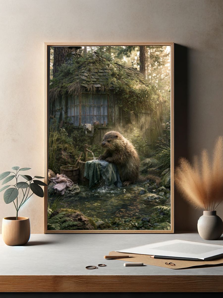 Forest Otter Cottage Illustration Poster. — room view 2