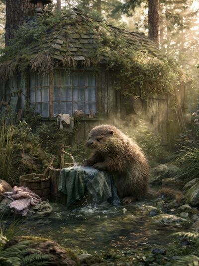 Forest Otter Cottage Illustration Poster.
