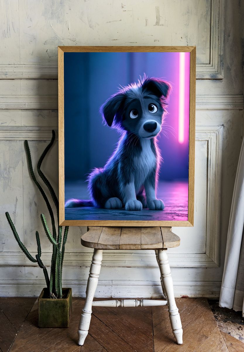 Neon Puppy Portrait Print. — room view 1