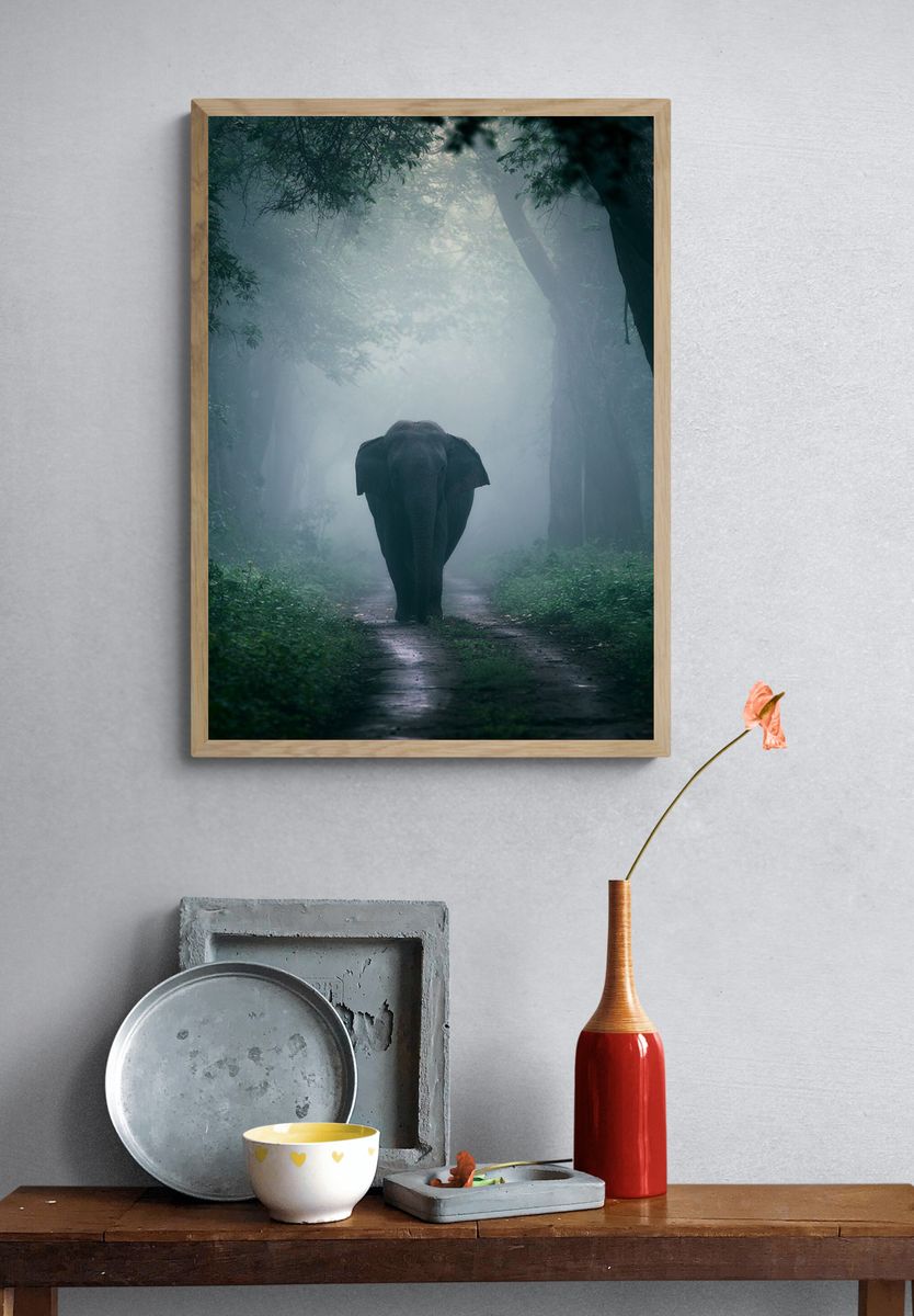 Misty Elephant Forest Poster. — room view 3