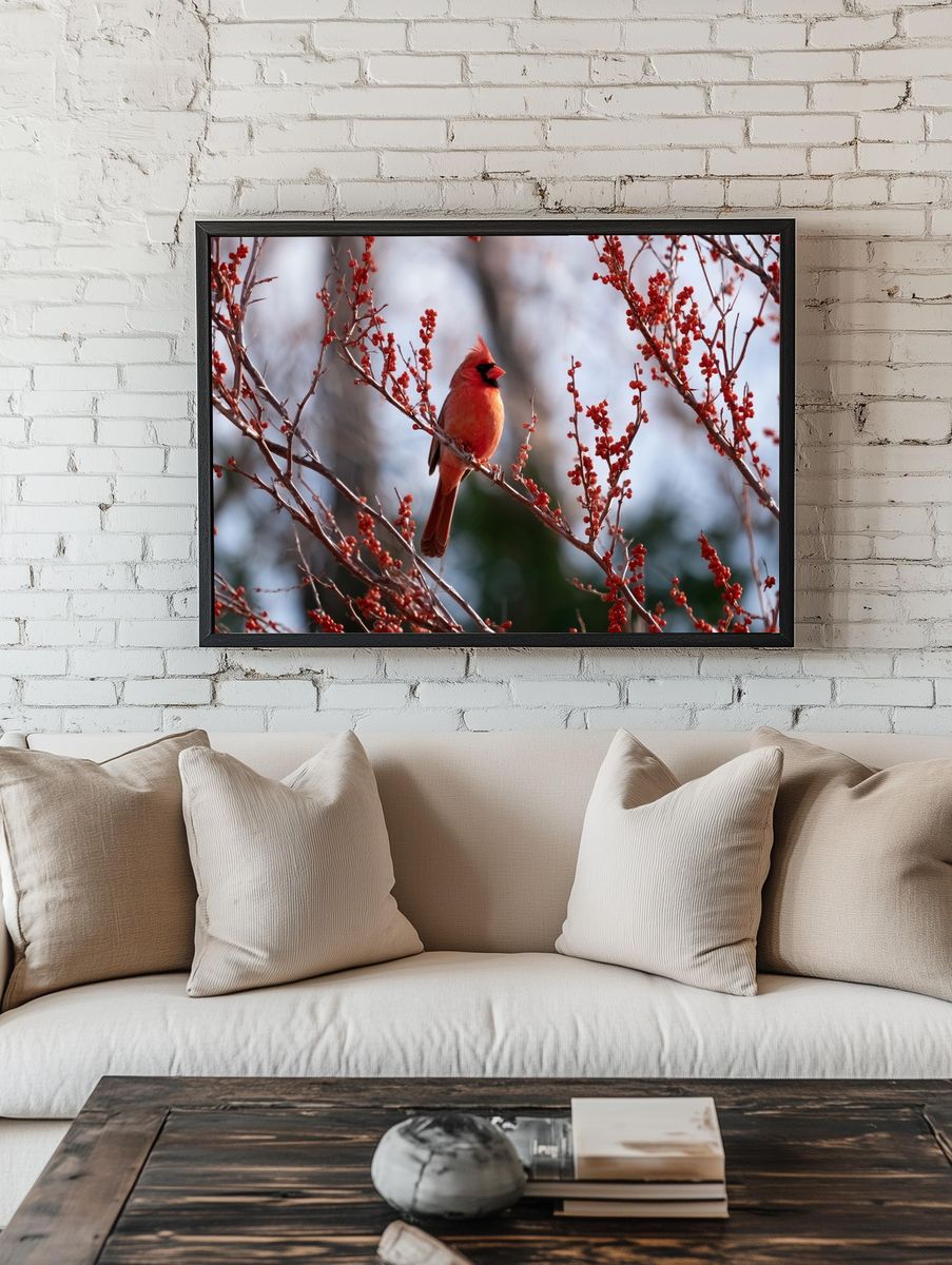Cardinal in Winter Berries Poster. room preview