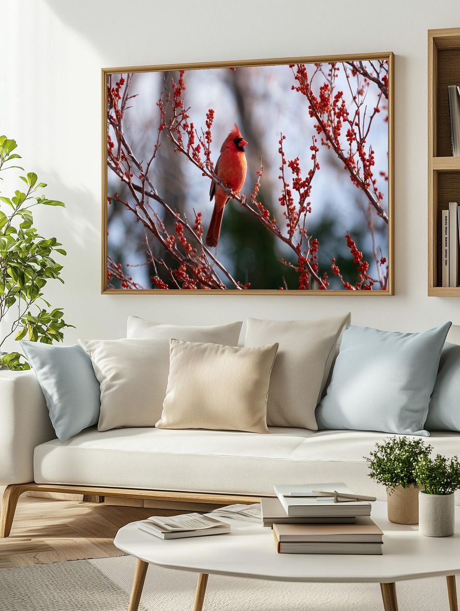Cardinal in Winter Berries Poster. — room view 2