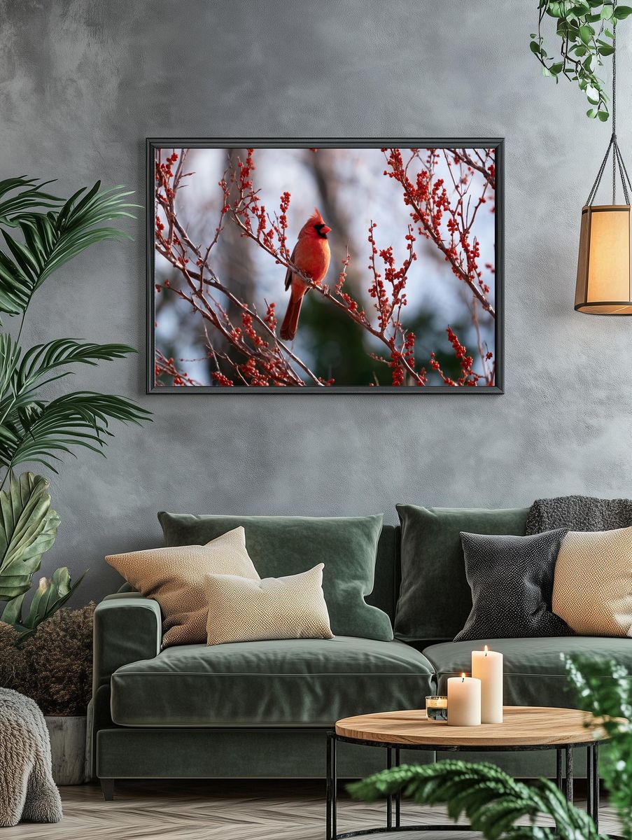 Cardinal in Winter Berries Poster. — room view 4