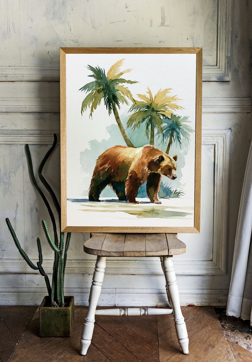 Tropical Bear Watercolor Poster. room preview