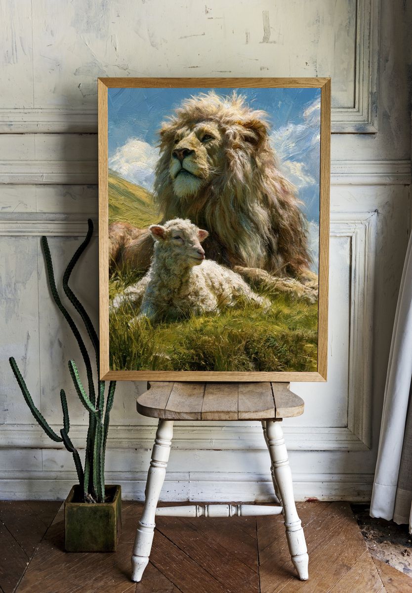 Lion and Lamb Meadow Illustration Poster. — room view 1