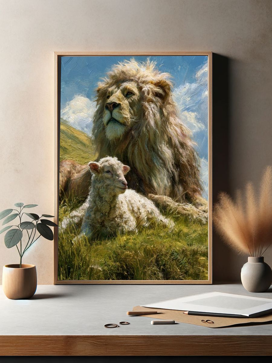 Lion and Lamb Meadow Illustration Poster. — room view 2