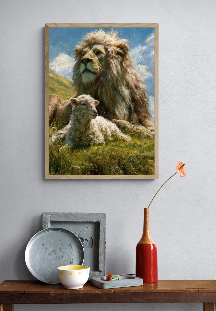 Lion and Lamb Meadow Illustration Poster. — room view 3
