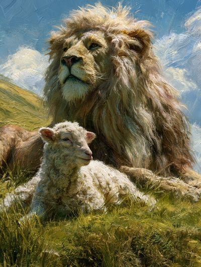 Lion and Lamb Meadow Illustration Poster.