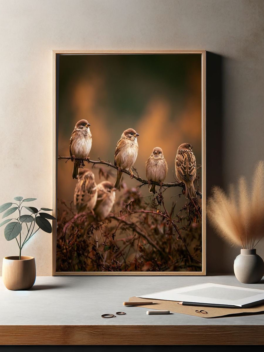 Sparrows on Branch Photography Poster. — room view 2