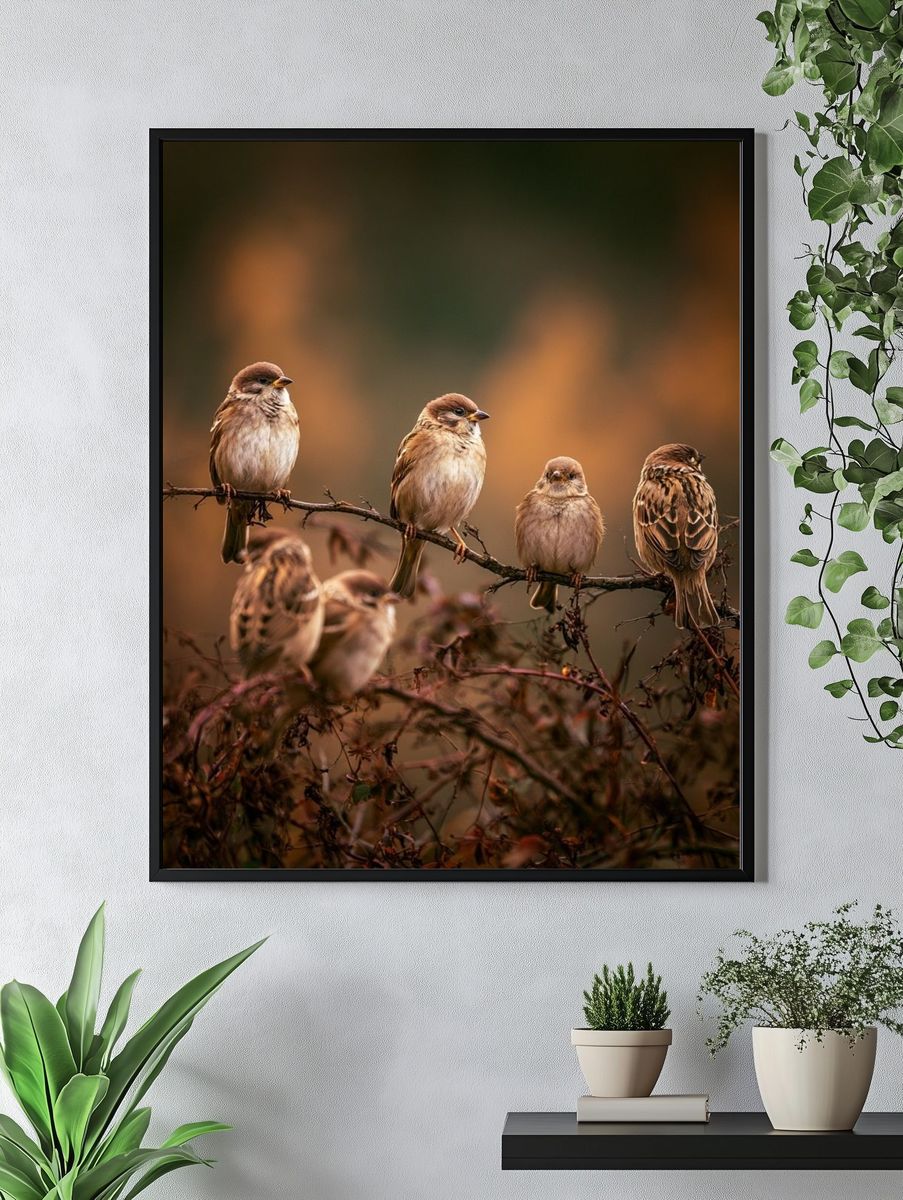 Sparrows on Branch Photography Poster. — room view 4