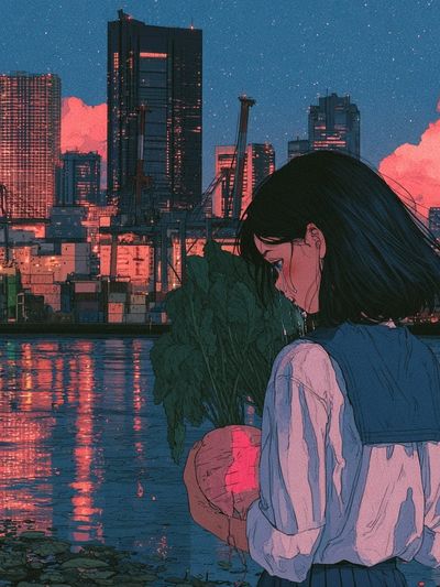 City Girl at Dusk Illustration Poster.