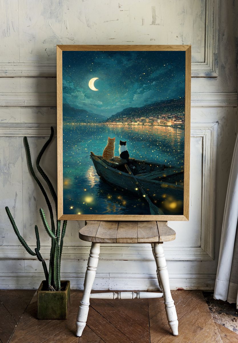 Moonlit Cats by the Lake Poster. — room view 1