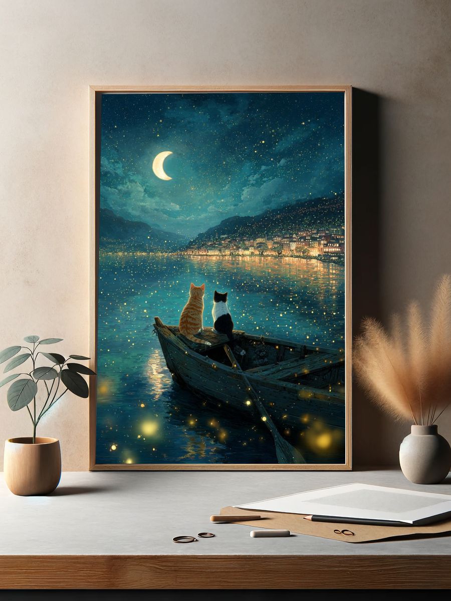 Moonlit Cats by the Lake Poster. — room view 2