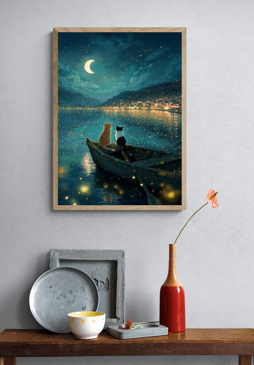 Moonlit Cats by the Lake Poster. — room view 3