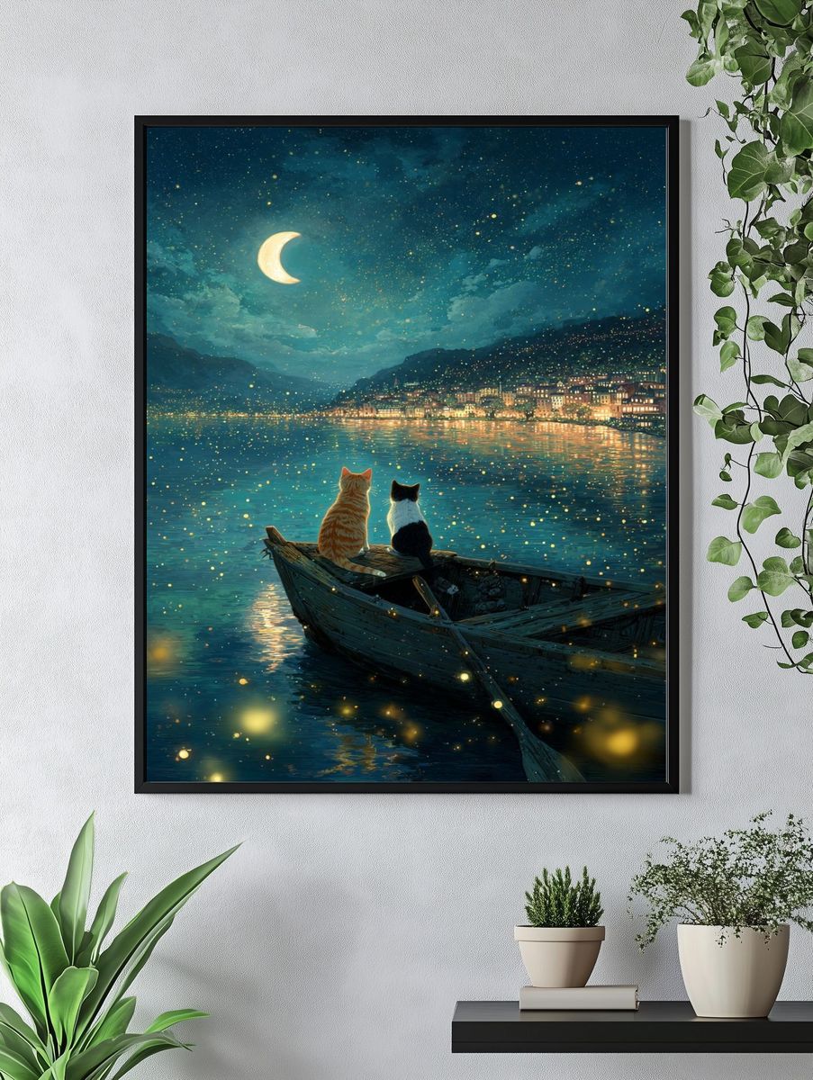 Moonlit Cats by the Lake Poster. — room view 4
