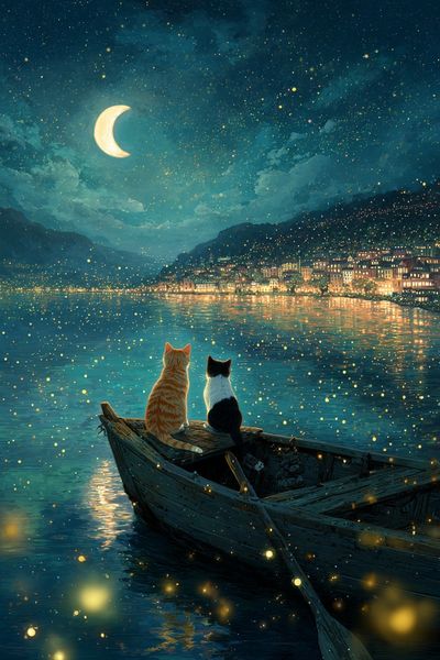 Moonlit Cats by the Lake Poster.