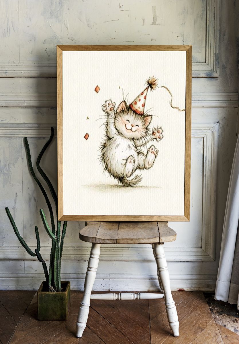 Party Cat Watercolor Print. — room view 1
