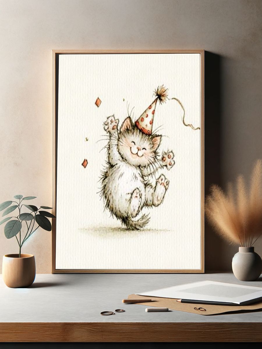 Party Cat Watercolor Print. — room view 2