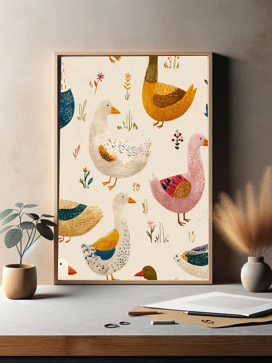 Playful Ducks Illustration Poster. — room view 2