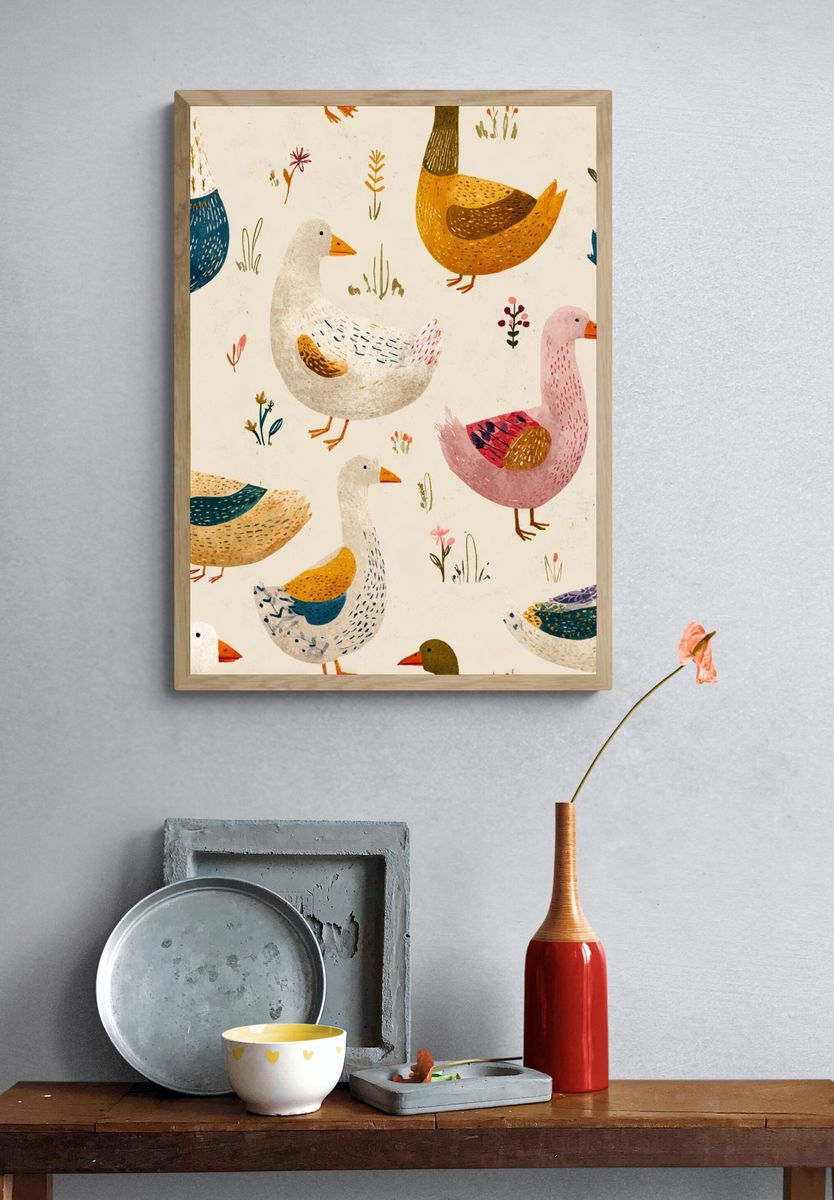 Playful Ducks Illustration Poster. — room view 3