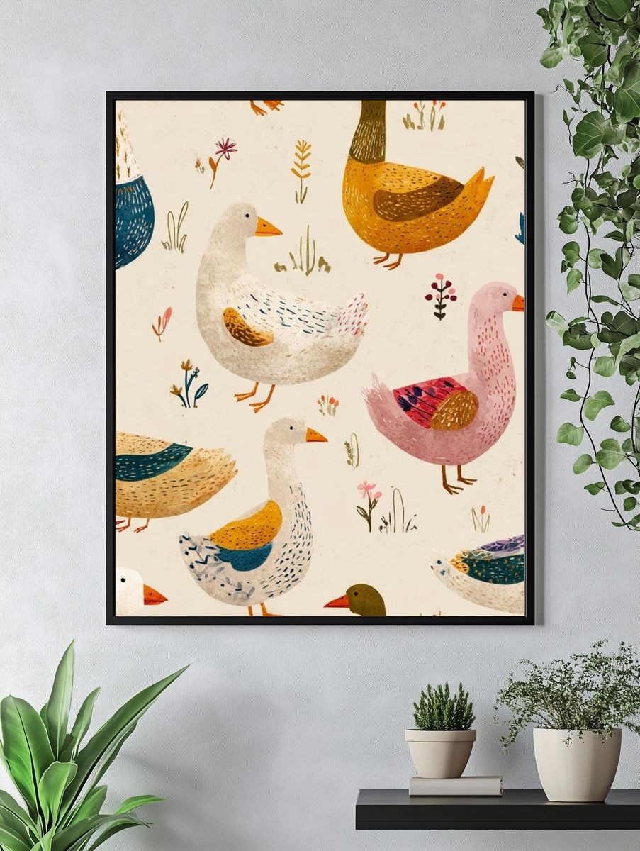 Playful Ducks Illustration Poster. — room view 4
