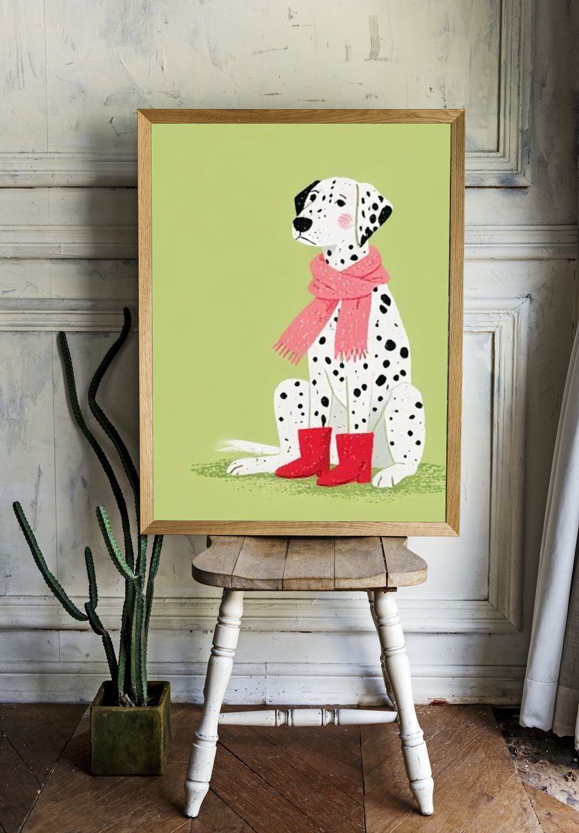 Dalmatian in Pink Scarf Illustration Poster. room preview