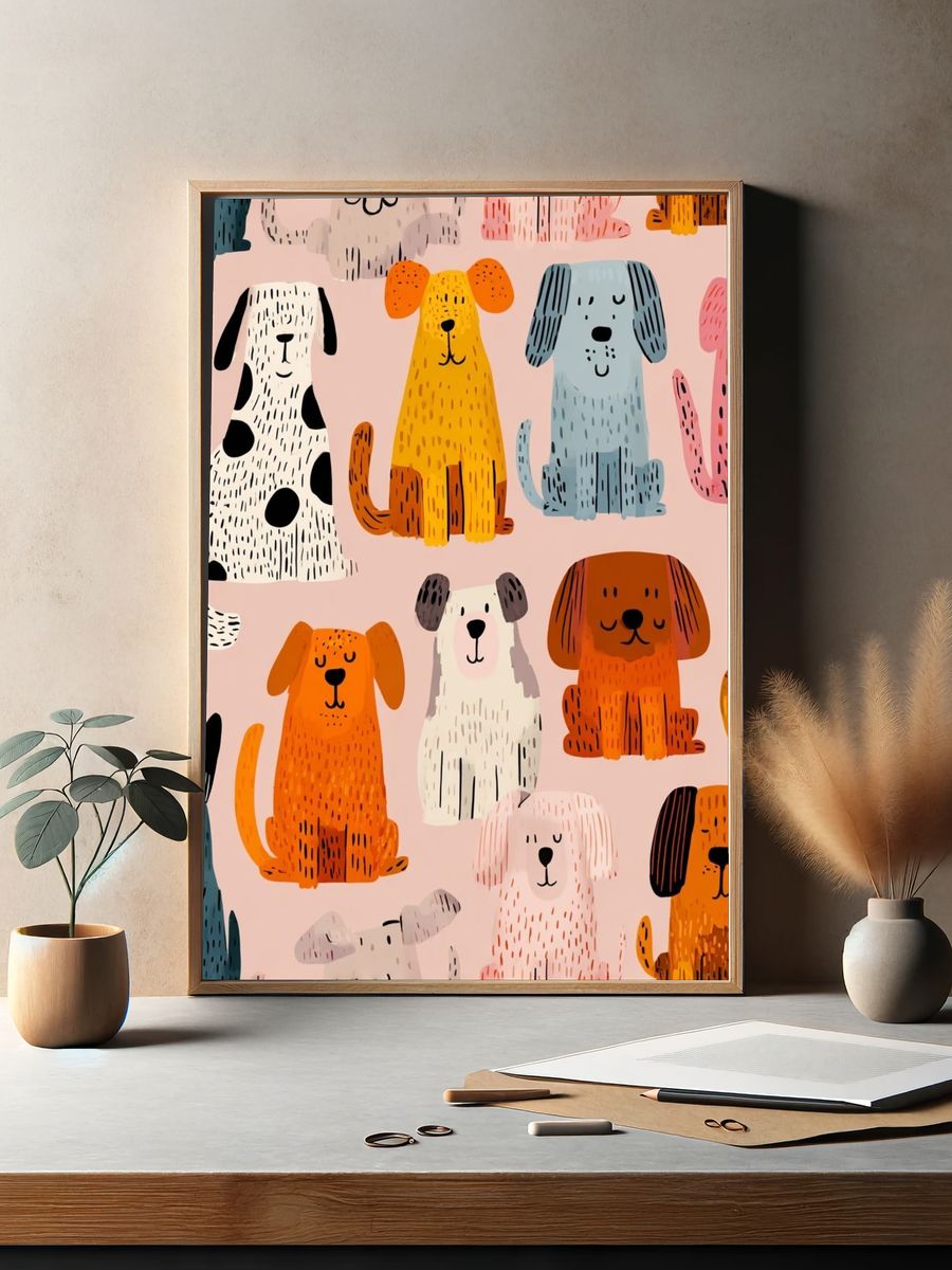 Playful Dogs Illustration Poster. — room view 2