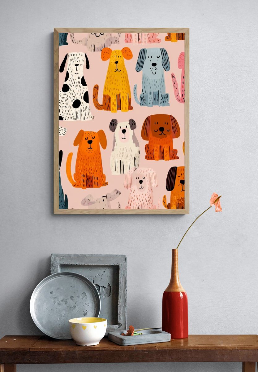 Playful Dogs Illustration Poster. — room view 3