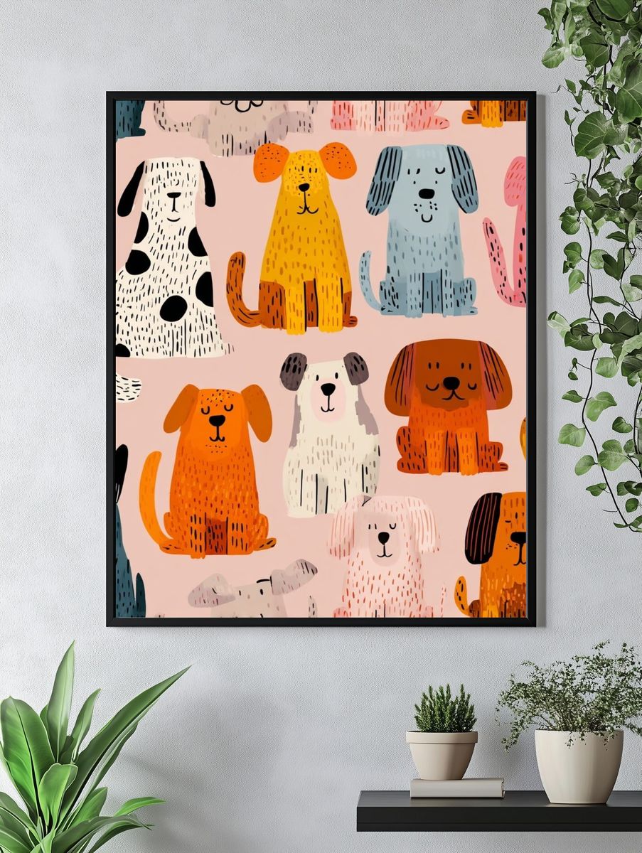Playful Dogs Illustration Poster. — room view 4